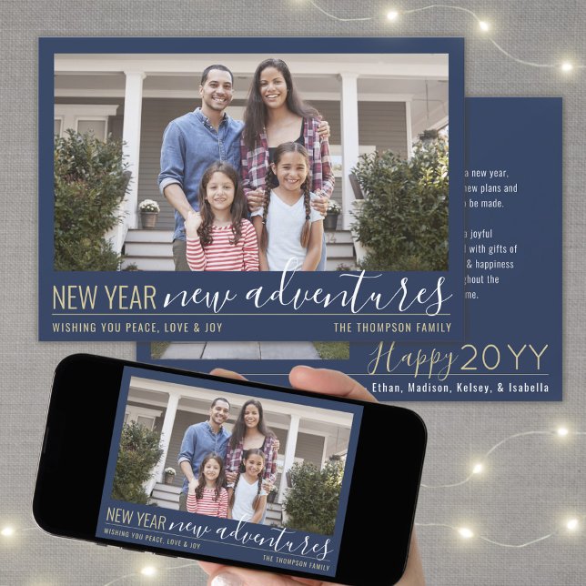 New Year New Adventures 2 Photo Navy Blue & Gold Holiday Card (Creator Uploaded)