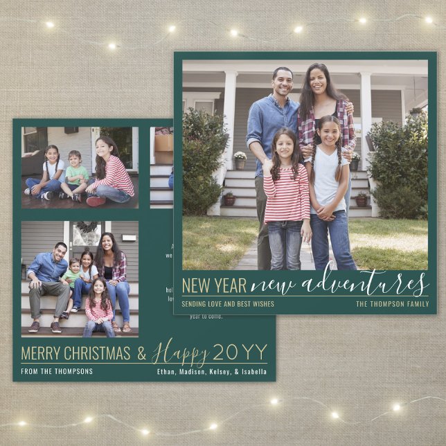 New Year New Adventures 4 Photo Modern Green Gold Holiday Card (Creator Uploaded)