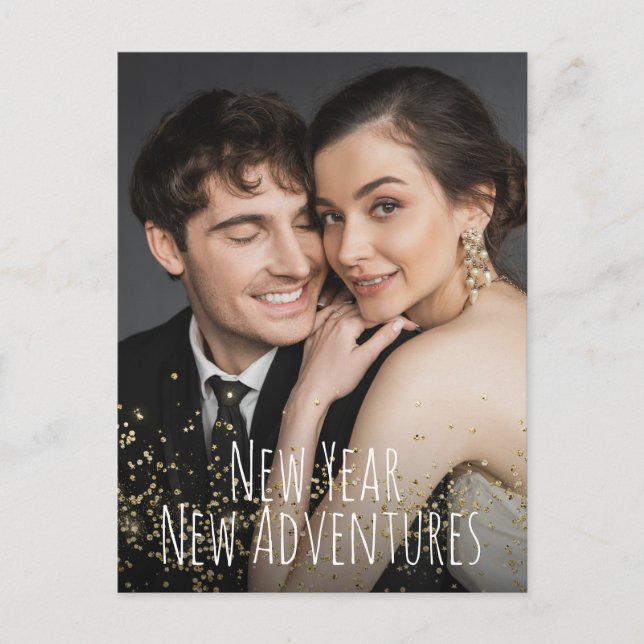 New Year New Adventures Gold confetti Photo  Holiday Postcard (Front)