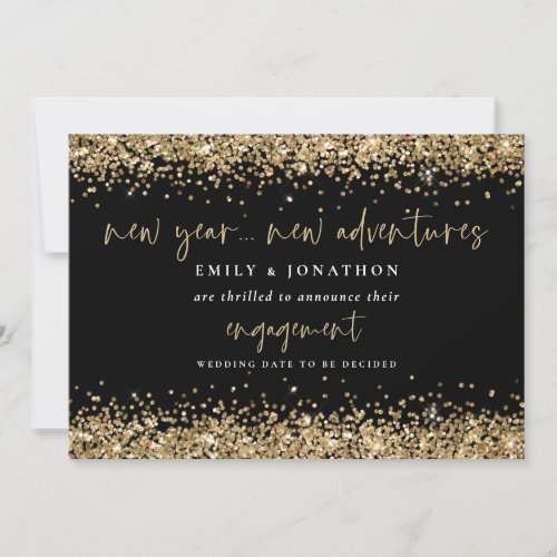 New Year New Adventures Gold Glitter Engagement  Announcement