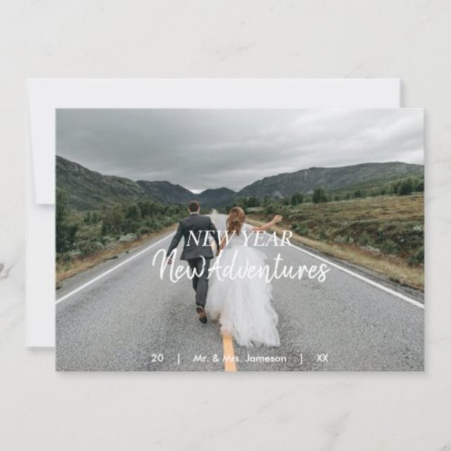 New Year New Adventures | Newlywed Photo Folded Holiday Card (Minimal New Year New Adventures design— perfect for a modern and timeless Happy New Year greeting.)
