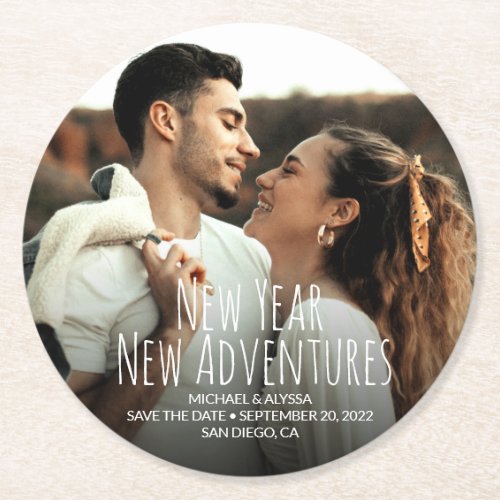 New Year New Adventures Save the date Photo  Round Paper Coaster