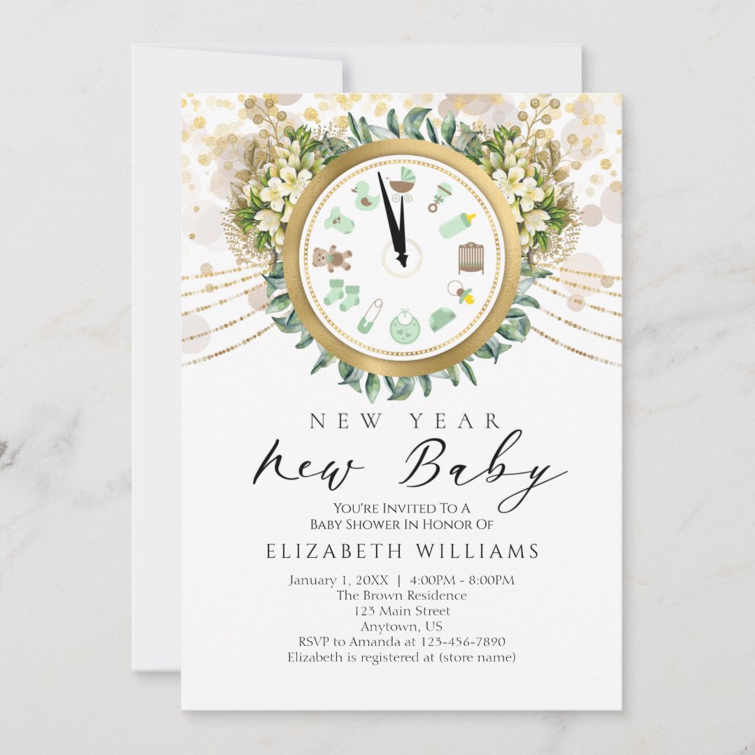 New Year New Baby Clock Baby Shower Invitation Zazzle