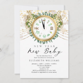 New Year New Baby Clock Baby Shower Invitation