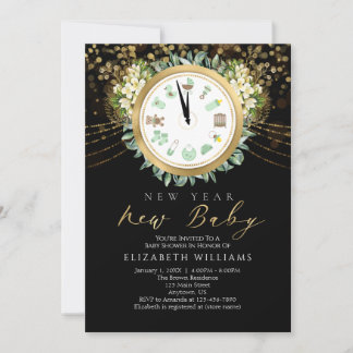 New Year New Baby Clock Gold Black Baby Shower Invitation