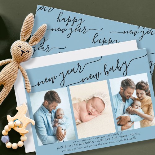 New Year New Baby Elegant Script 3 Photo Blue Holiday Card