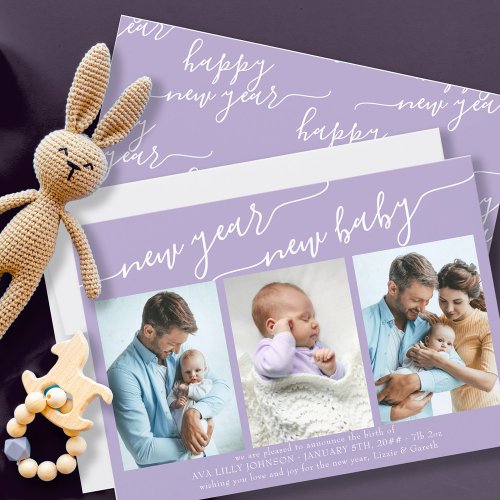 New Year New Baby Elegant Script 3 Photo Lilac Holiday Card