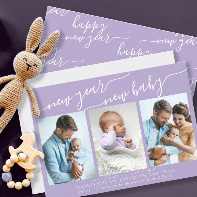 New Year New Baby Elegant Script 3 Photo Lilac Holiday Card (Creator Uploaded)