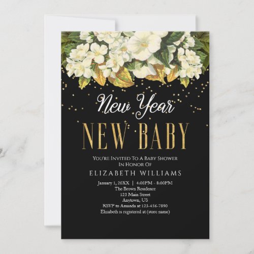New Year New Baby Gold Black Floral Baby Shower Invitation