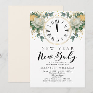 New Year New Baby Gold White Floral Baby Shower Invitation