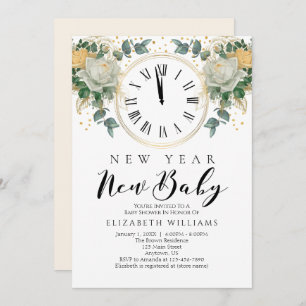 New Year New Baby Gold White Floral Baby Shower Invitation