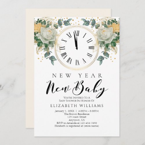 New Year New Baby Gold White Floral Baby Shower Invitation