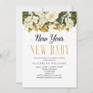 New Year New Baby Gold White Floral Baby Shower Invitation