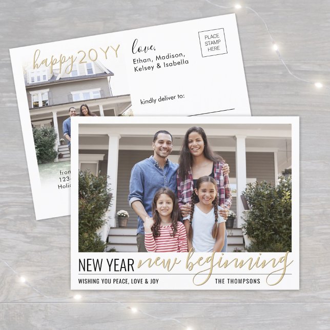 New Year New Beginning 2 Photo Modern Gold Script Holiday Postcard (Creator Uploaded)