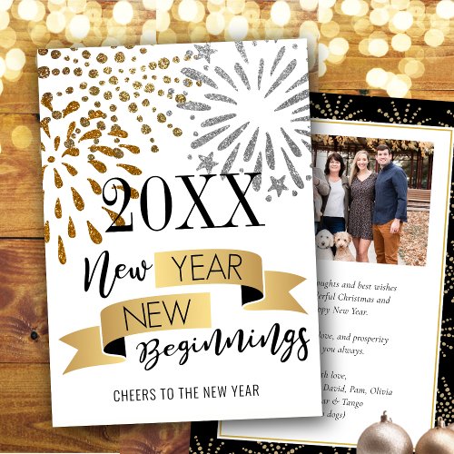 New Year New Beginnings Festive Fireworks Photo Holiday Card