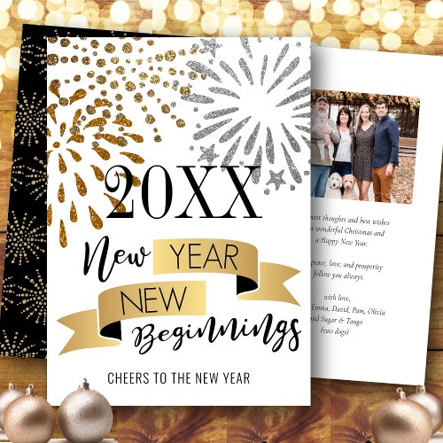 New Year New Beginnings Festive Fireworks Photo Holiday Card