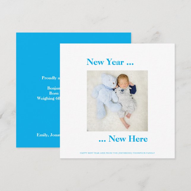 New Year New Here Photo Baby Boy Announcement Blue (Front/Back)