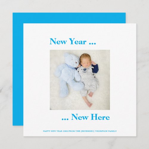 New Year New Here Photo Baby Boy Announcement Blue