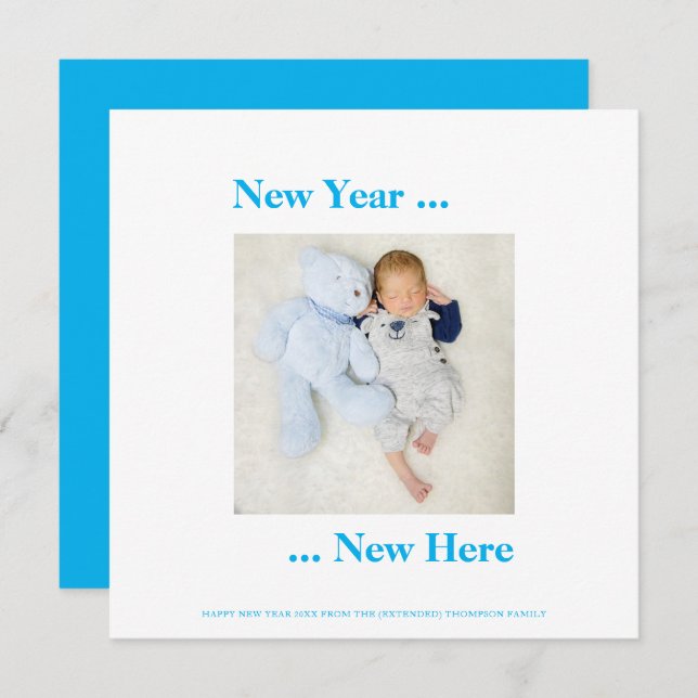 New Year New Here Photo Baby Boy Announcement Blue (Front/Back)
