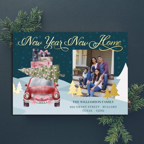 New Year New Home Chic Red Retro Car Moving Photo Foil Holiday Card
