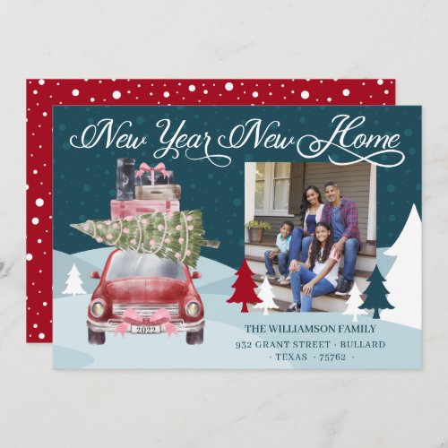 New Year New Home Chic Red Retro Car Moving Photo Holiday Card