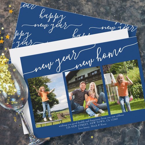 New Year New Home Elegant Script 3 Photo Blue Holiday Card