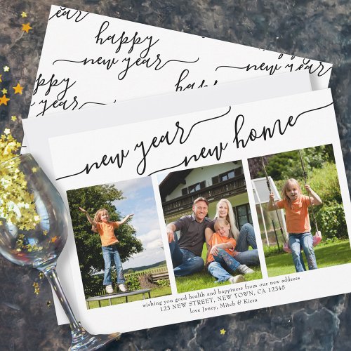 New Year New Home Elegant Script 3 Photo Holiday Card