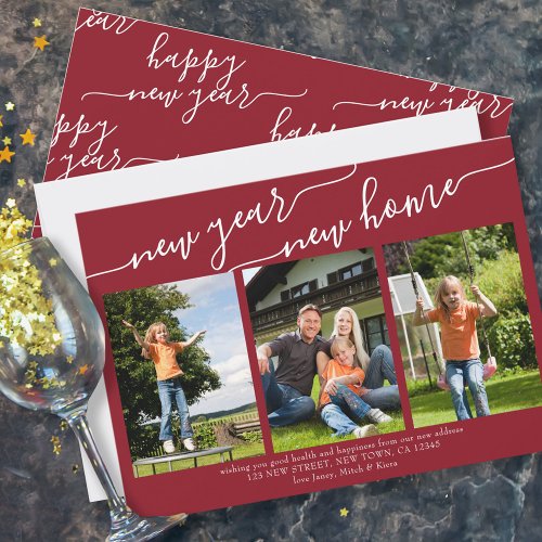 New Year New Home Elegant Script 3 Photo Red Holiday Card