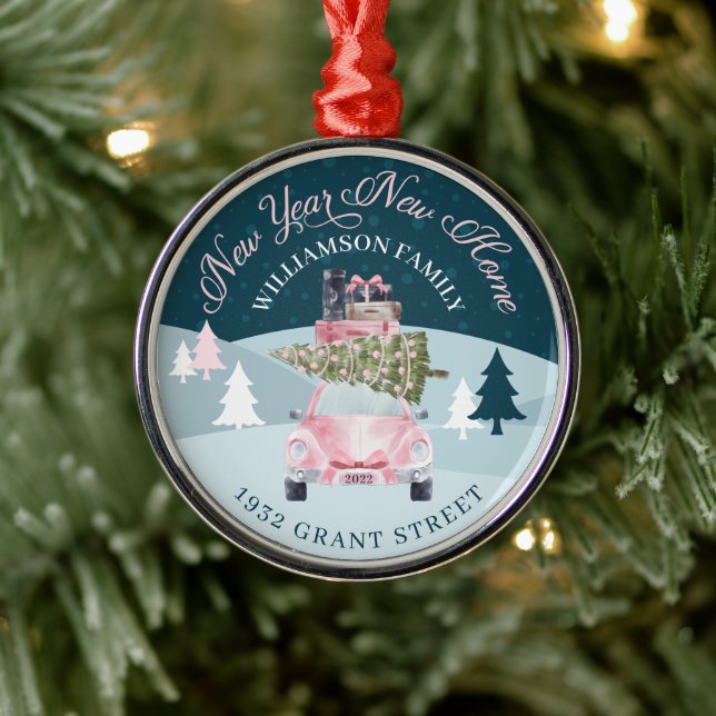 New Year New Home Pink Retro Car Christmas Moving Metal Ornament (Tree)