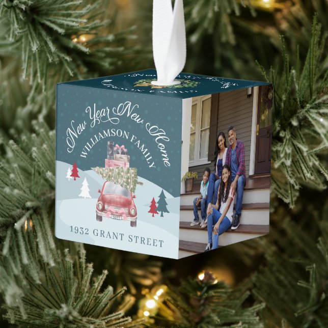 New Year New Home Red Retro Car Photo Keepsake Cube Ornament (Tree)