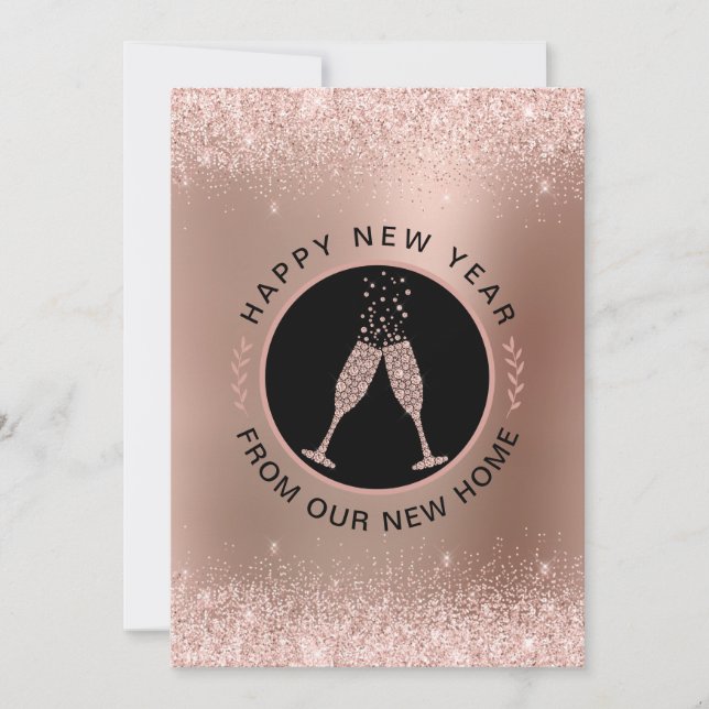 New Year New Home Rose Gold Address Change Holiday Card (Front)