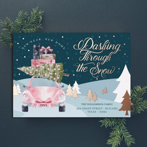 New Year New Home Snowy Pink Retro Watercolor Foil Holiday Card