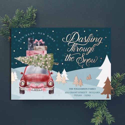 New Year New Home Snowy Red Retro Watercolor Foil Holiday Card