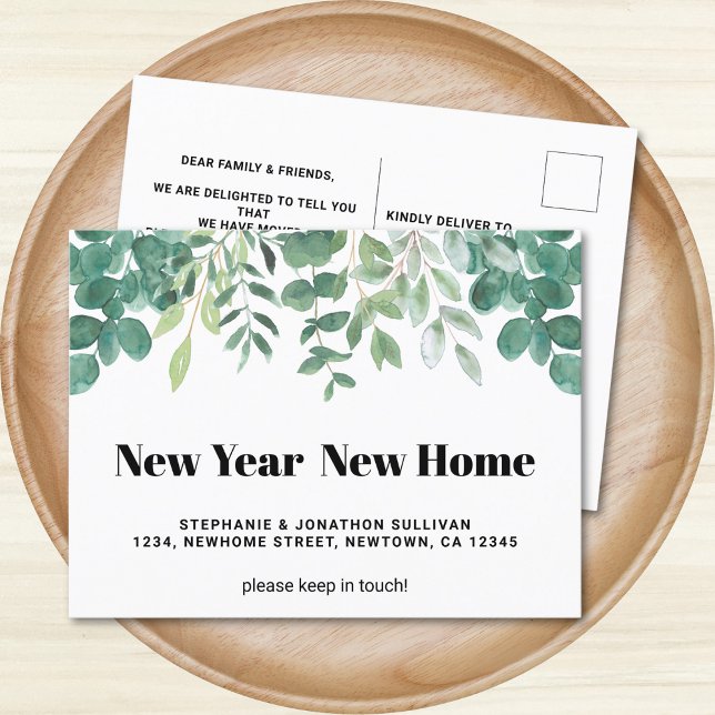 New Year New Home Watercolor Foliage Moving Announcement Postcard (Creator Uploaded)