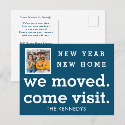 New Year New Home We Moved Photo Family Name Blue Announcement Postcard