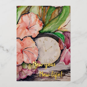 New year new life watercolor clock floral grapes foil invitation