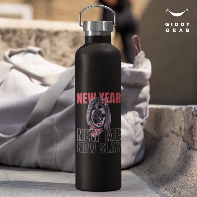 New Year, New Me, New Slay! Girl Power Skull Black Water Bottle (Creator Uploaded)