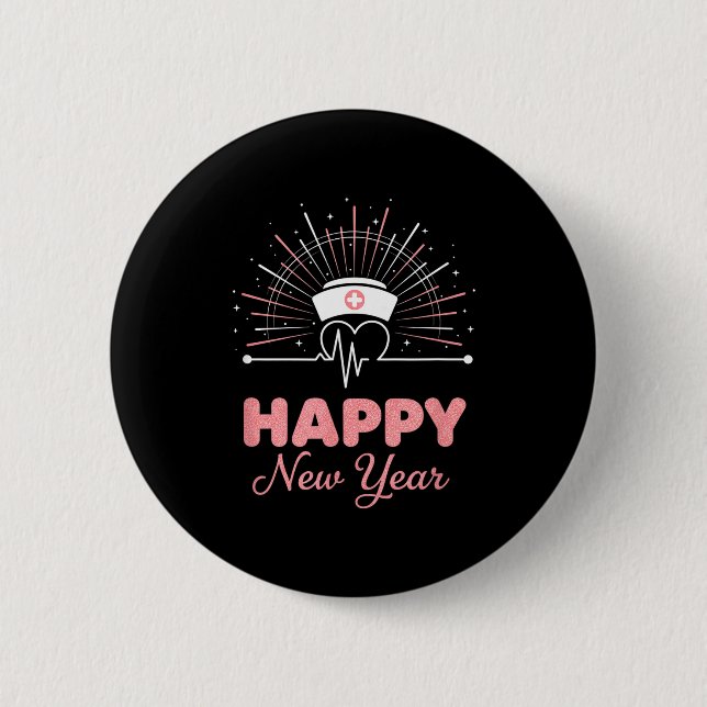 New Year Nurse Heartbeat, Happy New Year Nye Desig Button (Front)