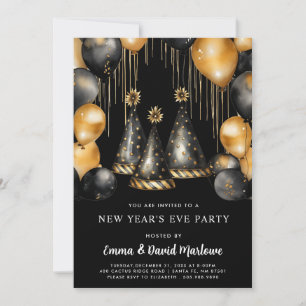 New Year Party 2025 Gold Black Balloons Invitation