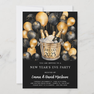 New Year Party 2025 Gold Black Balloons Invitation