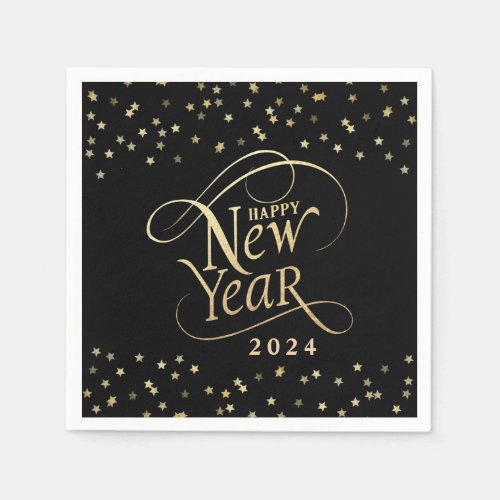 New Year Party Black Gold Star Confetti Napkins
