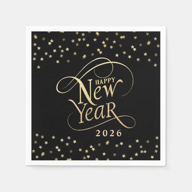 New Year Party Black Gold Star Confetti Napkins (Front)