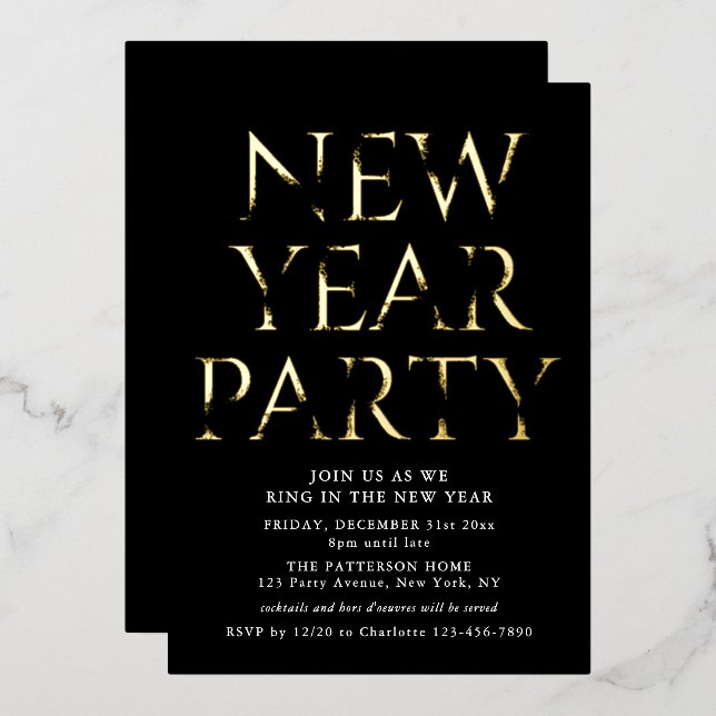 New Year Party Simple Minimalist Gold Script Foil Invitation (Front/Back)