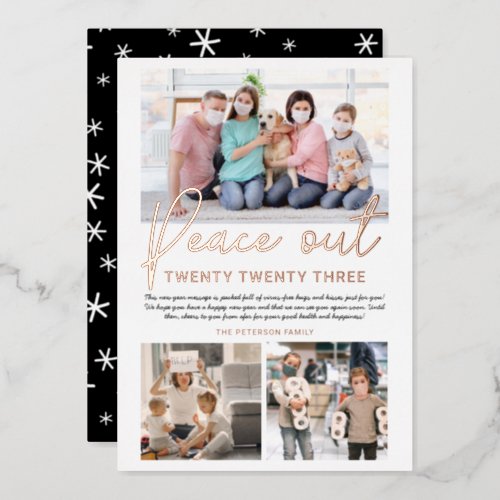  New Year peace out 2022 script 3 photos white Foil Holiday Card