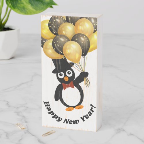 New Year Penguin Wood Box Sign
