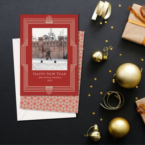 New Year Photo Art Deco Red Gold Holiday Card
