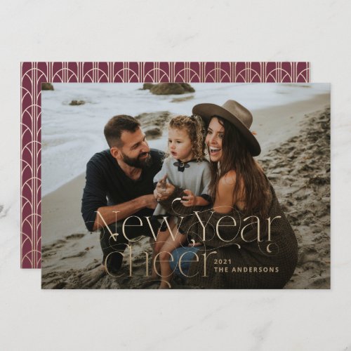 New year Photo Art Deco typography burgundy gold Holiday Card