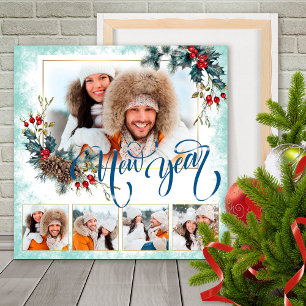 New Year Photo Collage Winter Wreath Blue Foam Board