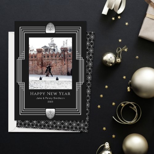 New Year Photo Deco Black White Holiday Card