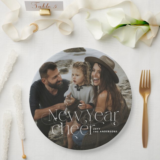 New year Photo elegant Art Deco typography modern Paper Plates (Wedding)